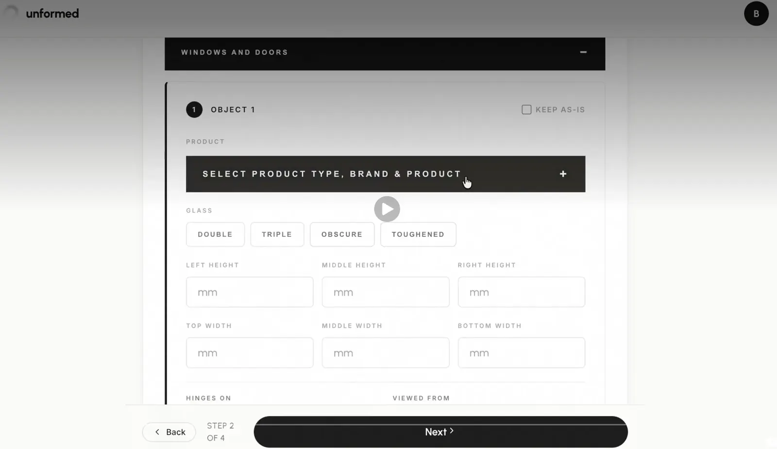 The configure step with a pin selected.