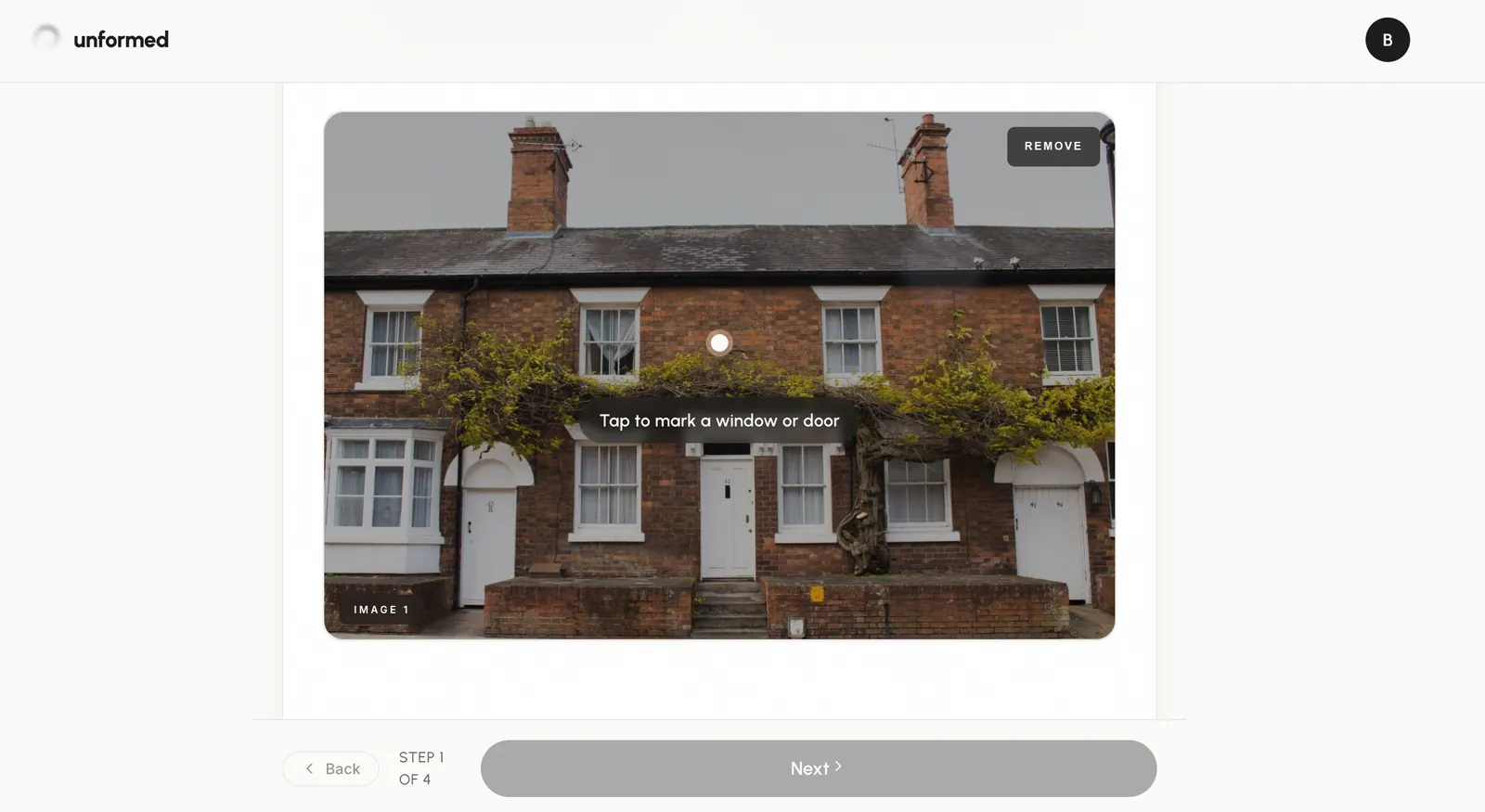Step 1 upload screen with a property photo added.