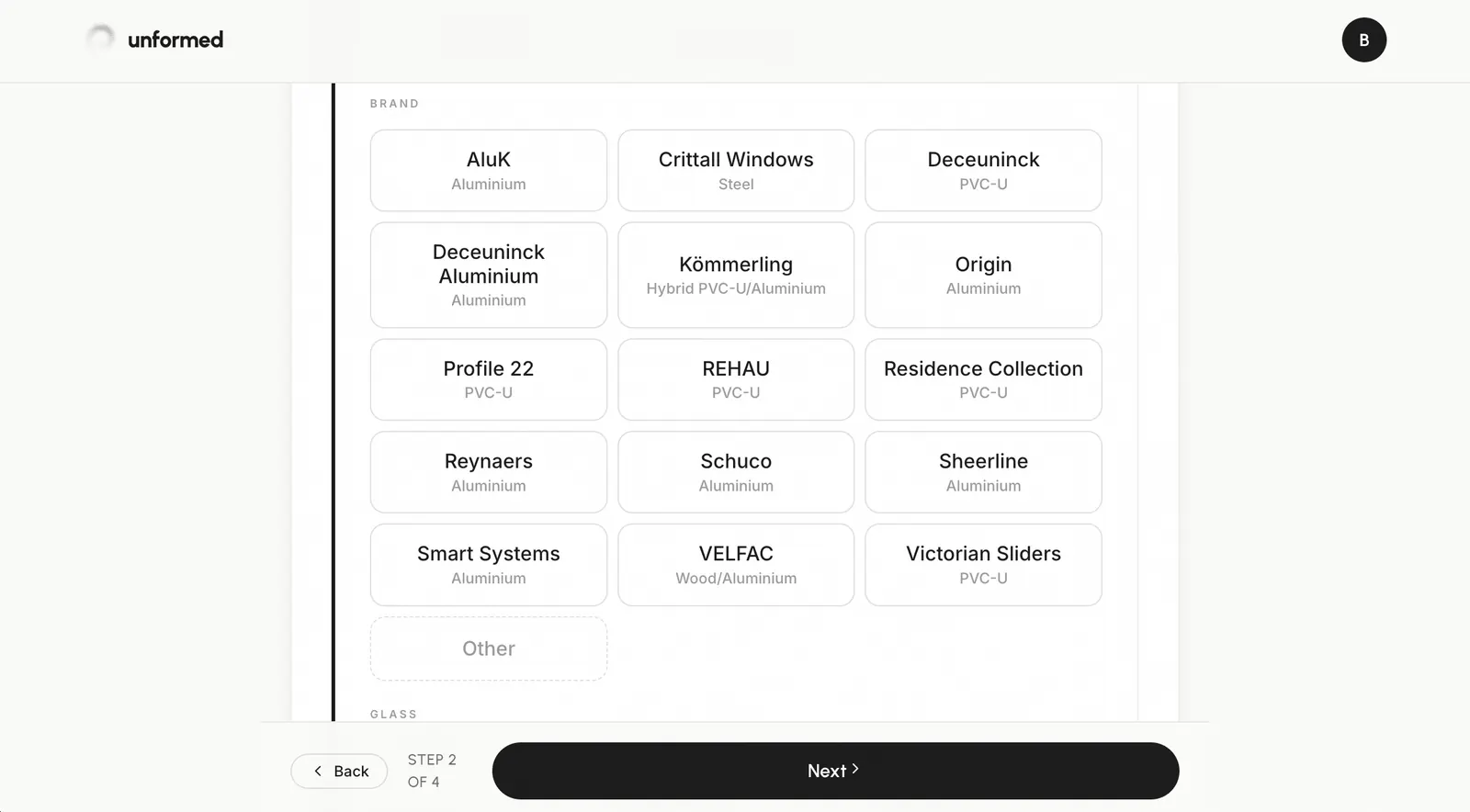 The configure step showing brand, product and colour selectors for a pin.