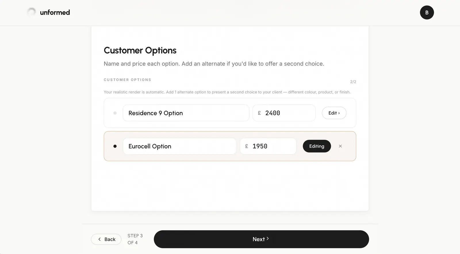 The customer options panel with two option variants.