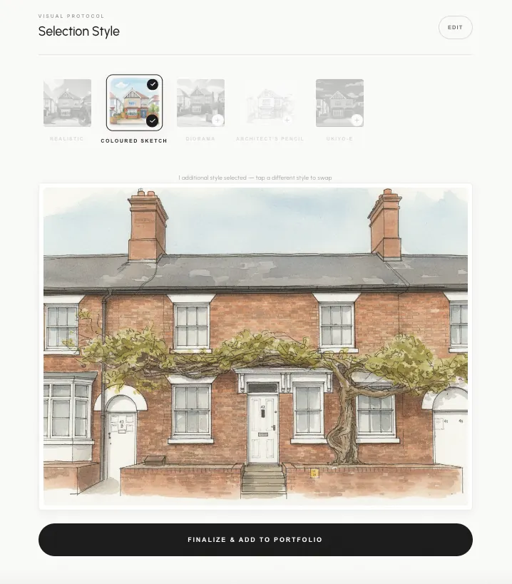 The finished coloured-sketch render on the finalize step, with the style picker above it.