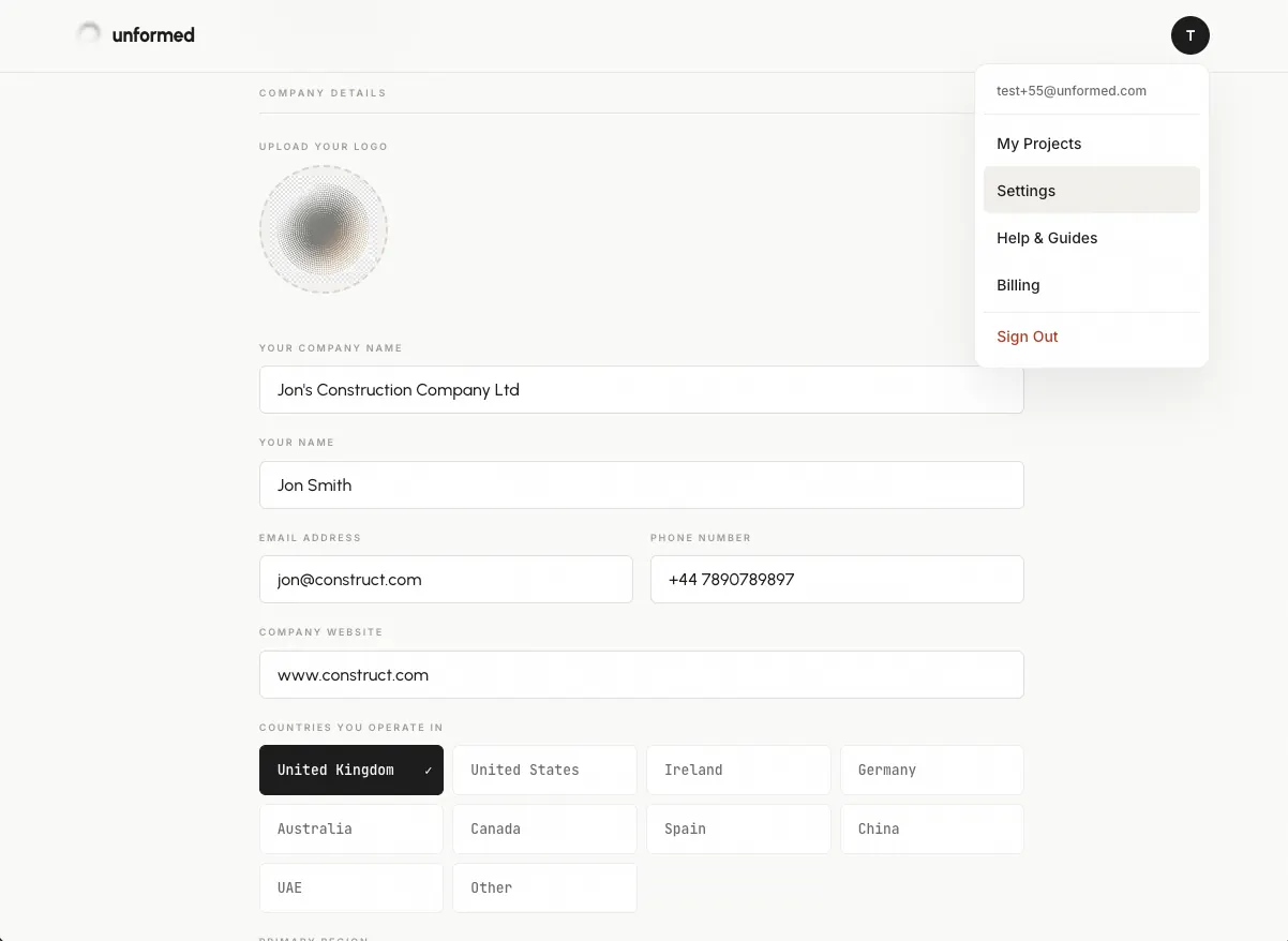The Company step with the logo upload and company name fields.