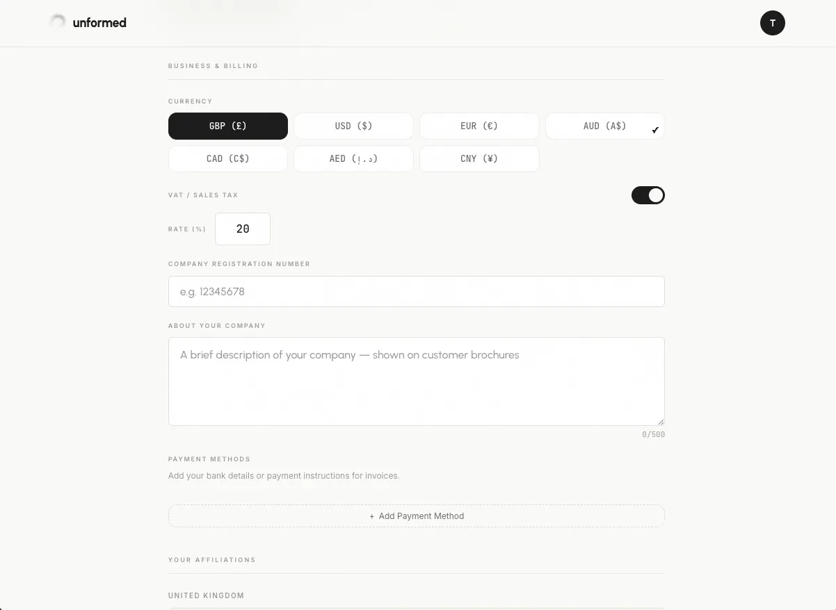 The Business step showing currency, VAT toggle and About us.