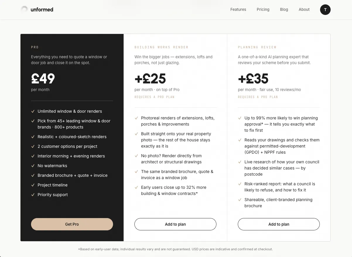 The plans page showing Free vs Pro.